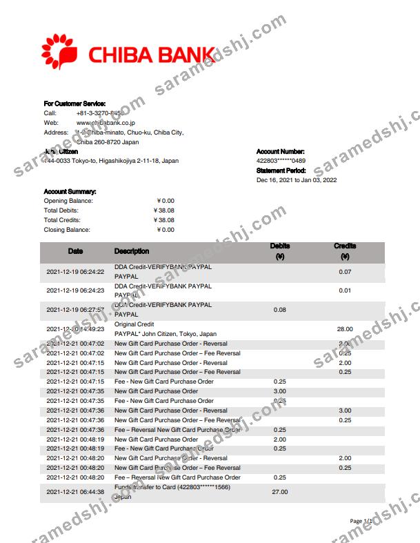 Japan Chiba bank statement template in Word and PDF format.1
